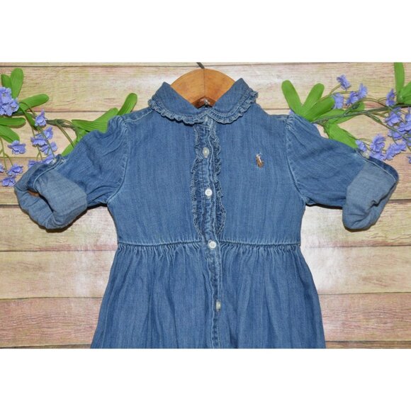Ralph Lauren Denim Dress Button Up Ruffles Baby 24M Blue Preppy Long Sleeve Pony - Picture 7 of 9